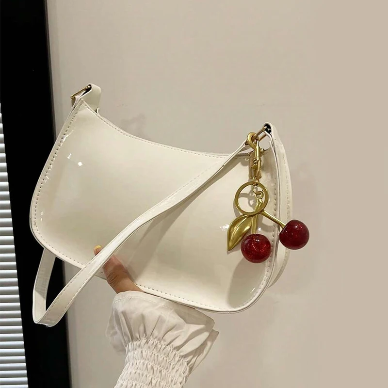 Bolsa de couro pu feminina versátil moda cor sólida cereja pingente bolsa de omb - Imagem 15