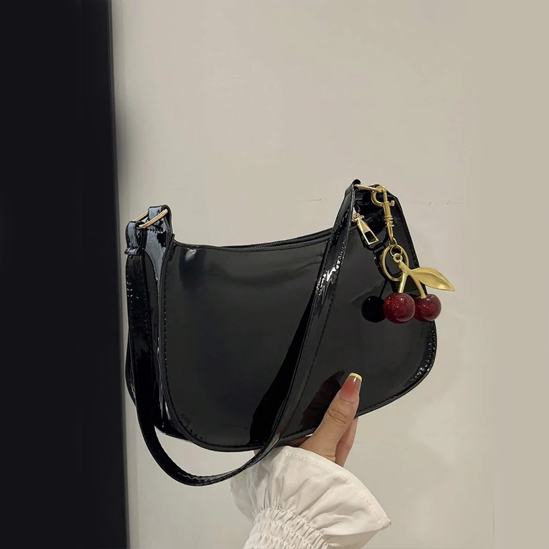 Bolsa de couro pu feminina versátil moda cor sólida cereja pingente bolsa de omb - Imagem 2