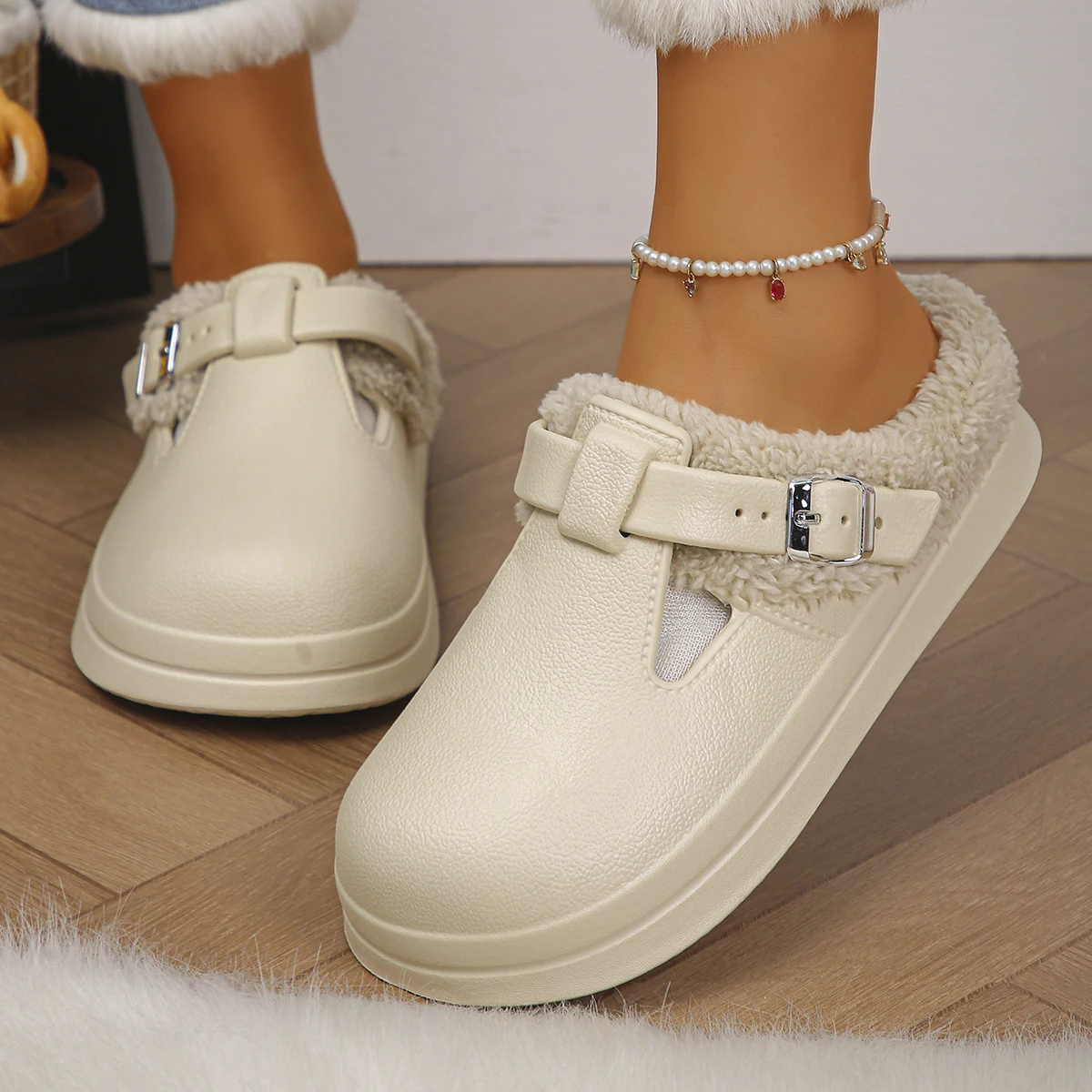Crocs em eva peludo mules chinelos femininos para inverno - Imagem 3