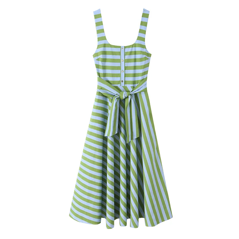 VestidoVerde Listrado Sem Mangas com Cinto Decorati - Imagem 3