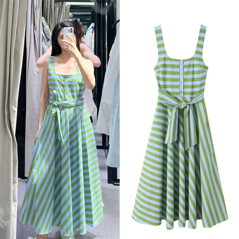 VestidoVerde Listrado Sem Mangas com Cinto Decorati - Imagem 14