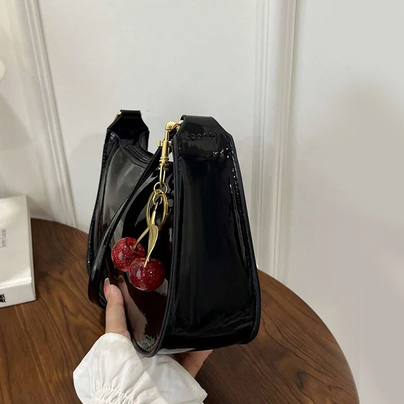 Bolsa de couro pu feminina versátil moda cor sólida cereja pingente bolsa de omb - Imagem 6