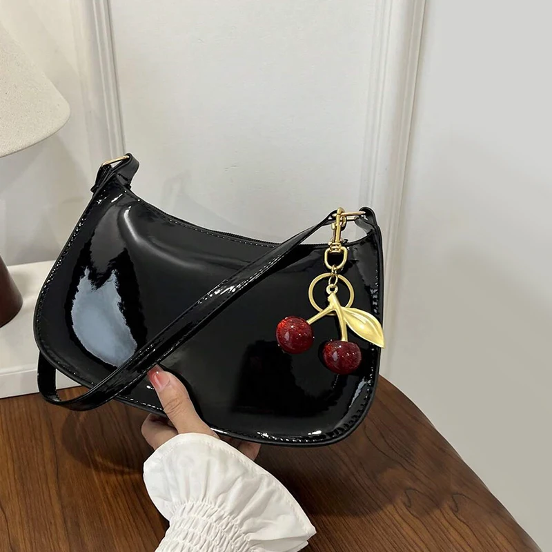 Bolsa de couro pu feminina versátil moda cor sólida cereja pingente bolsa de omb - Imagem 19
